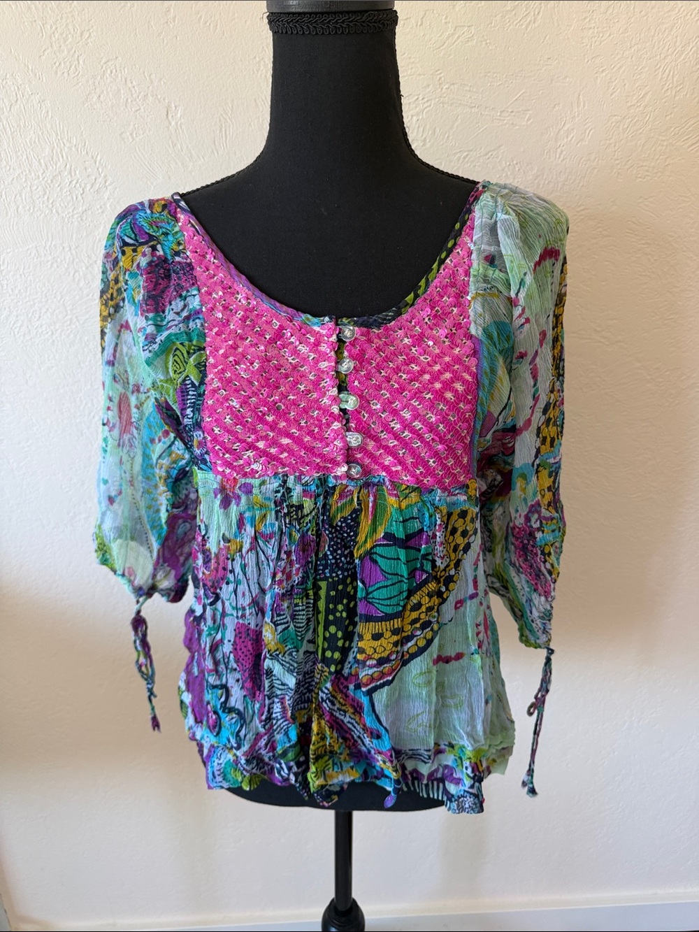 EUC TAJ SABRINA CRIPPA Bohemian Pink Mixed-Print Women's Peasant Top SIZE MED